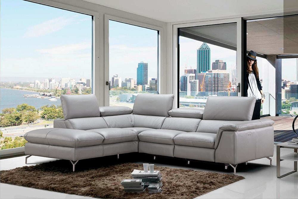 J & M Furniture Viola Premium Leather Sectional Left Hand Facing in Light Grey