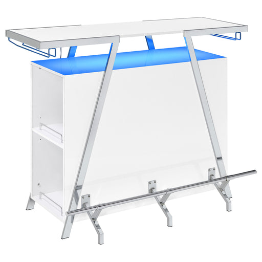 CoasterEveryday Araceli freestanding LED home bar cabinet in high gloss white with modern furniture design and built-in lighting.