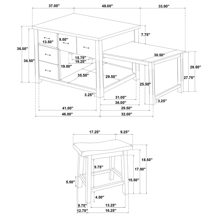 Mayfair 3-piece Kitchen Island with Extension Table Dark Oak