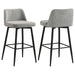 Two grey Mellor fabric upholstered swivel bar chairs with metal bases, showing the plush cushioned seats and sleek design.