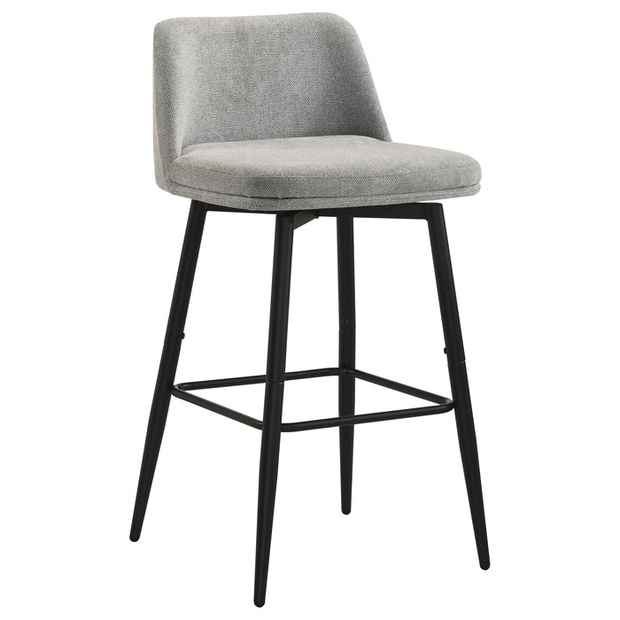 Set of two grey Mellor fabric upholstered swivel bar chairs by CoasterEveryday, featuring plush cushioning and modern design.