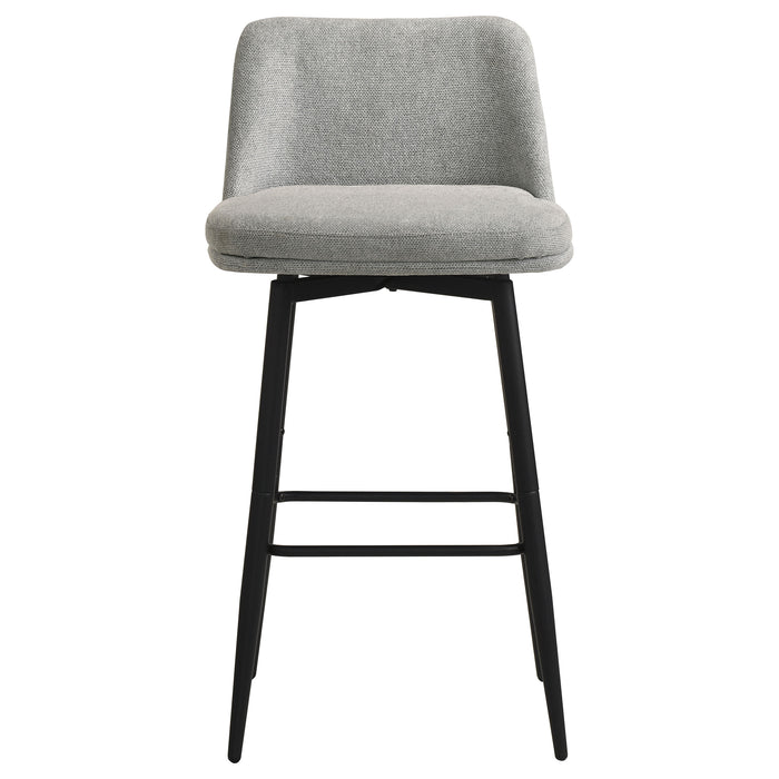 Set of two grey Mellor fabric upholstered swivel bar chairs with modern design and sturdy metal bases.