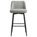 Set of two grey Mellor fabric upholstered swivel bar chairs with modern design and sturdy metal bases.