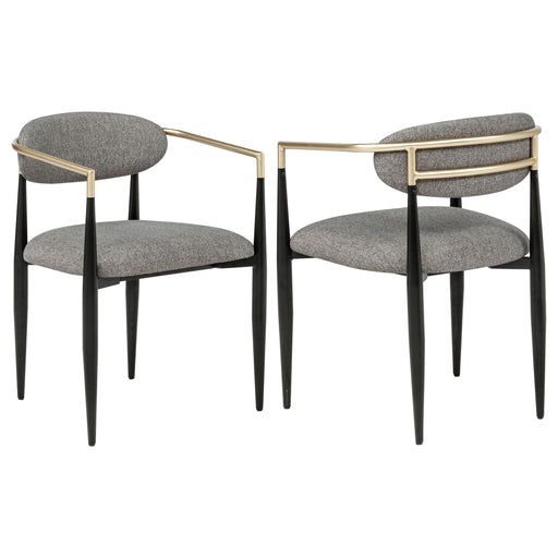 Set of two grey fabric upholstered CoasterEveryday dining arm chairs with padded seats and armrests.