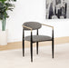 Pair of grey CoasterEveryday Bradbury fabric upholstered dining arm chairs with cushioned seats and wooden legs.