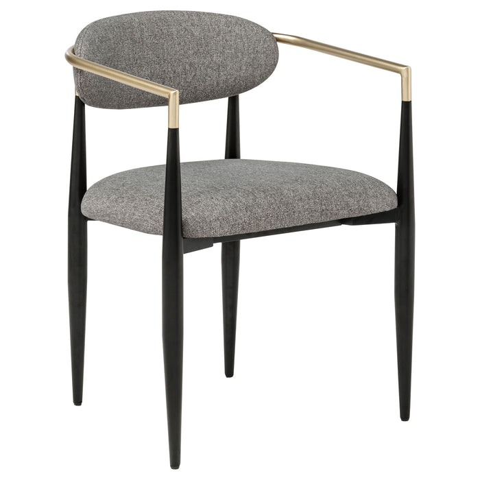 Pair of grey Bradbury fabric upholstered dining arm chairs by CoasterEveryday, shown in a modern furniture setting.
