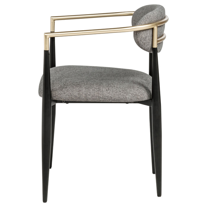 Set of two grey fabric upholstered dining arm chairs by CoasterEveryday, showcasing padded seats and armrests in a modern design.
