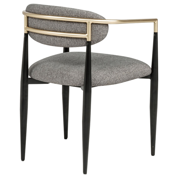 Two grey fabric upholstered dining arm chairs with wooden legs, modern CoasterEveryday furniture set.