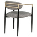 Two grey fabric upholstered dining arm chairs with wooden legs, modern CoasterEveryday furniture set.