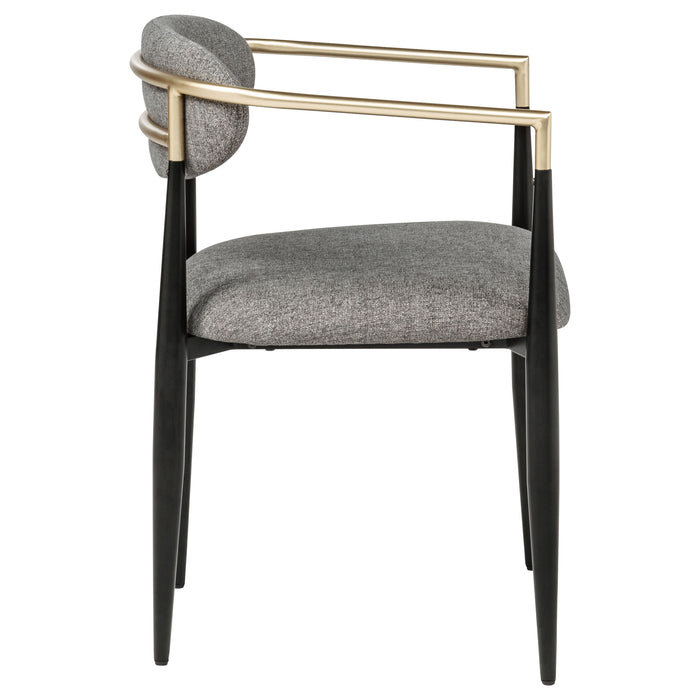 Set of two grey CoasterEveryday Bradbury fabric upholstered dining arm chairs with padded seats and wooden legs.