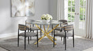Set of two grey CoasterEveryday Bradbury fabric upholstered dining arm chairs with padded seats and wooden legs.