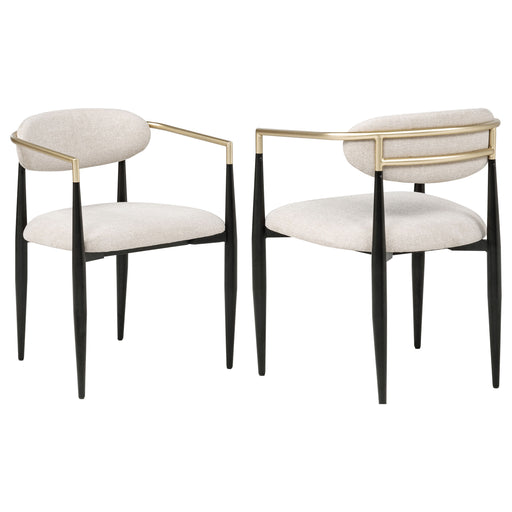 Set of two beige Bradbury fabric upholstered dining arm chairs by CoasterEveryday, featuring plush cushioning and wooden legs.