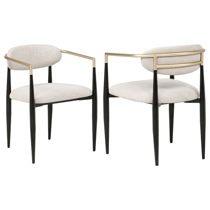 Set of two beige Bradbury fabric upholstered dining arm chairs by CoasterEveryday, featuring plush cushioning and wooden legs.