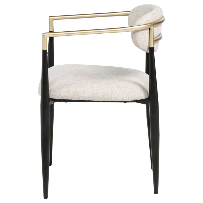 Set of two beige Bradbury fabric upholstered dining arm chairs by CoasterEveryday, showcasing comfortable cushioned seats and stylish armrests.