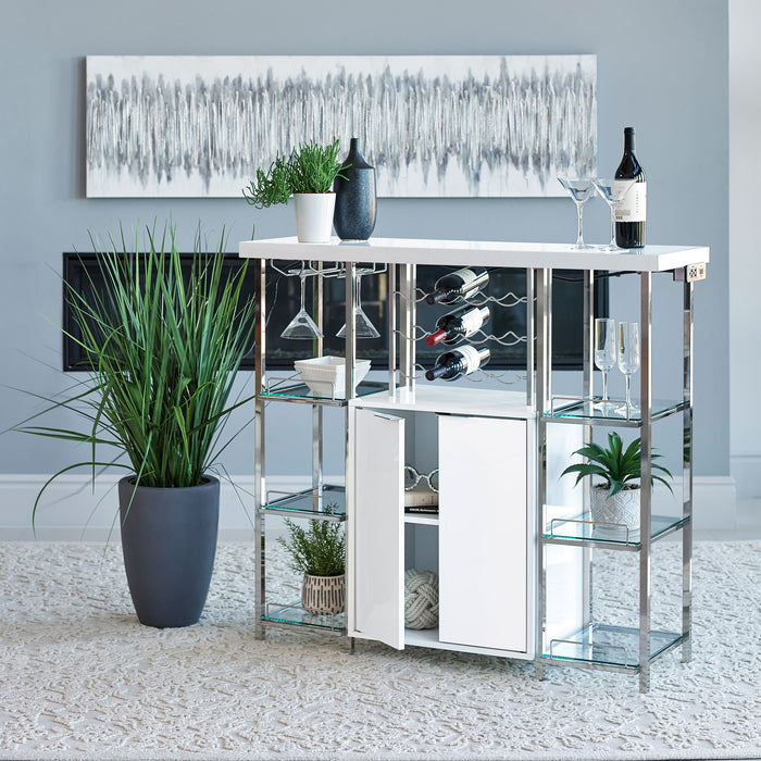 CoasterEssence Gallimore 2-door bar cabinet with white high gloss finish, stylish wine storage furniture with sleek design.