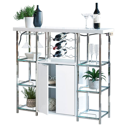 CoasterEssence Gallimore white high gloss 2-door bar cabinet with wine storage, modern furniture piece with sleek design and storage compartments.