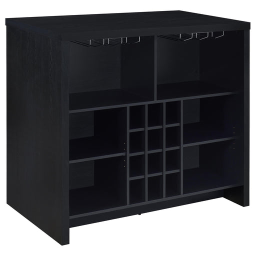 Black Topanga engineered wood freestanding home bar by CoasterEveryday, showing a sleek, modern furniture piece on a white background.