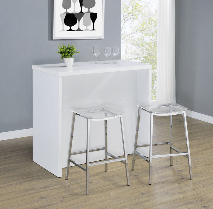 White Topanga Engineered Wood freestanding home bar from CoasterEveryday, showcasing a modern design with storage shelves and a sleek finish.