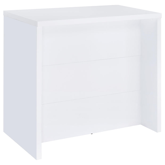 White Topanga engineered wood freestanding home bar with storage shelves and modern design, perfect for living room or entertaining space.
