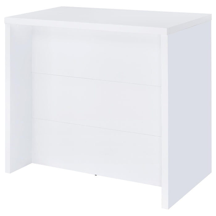White Topanga engineered wood freestanding home bar by CoasterEveryday, featuring a sleek, modern design with storage shelves.