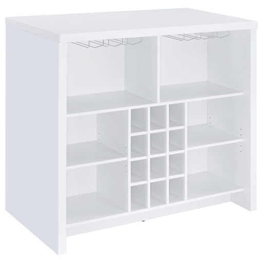 White Topanga engineered wood freestanding home bar from CoasterEveryday, featuring a sleek, modern furniture design.