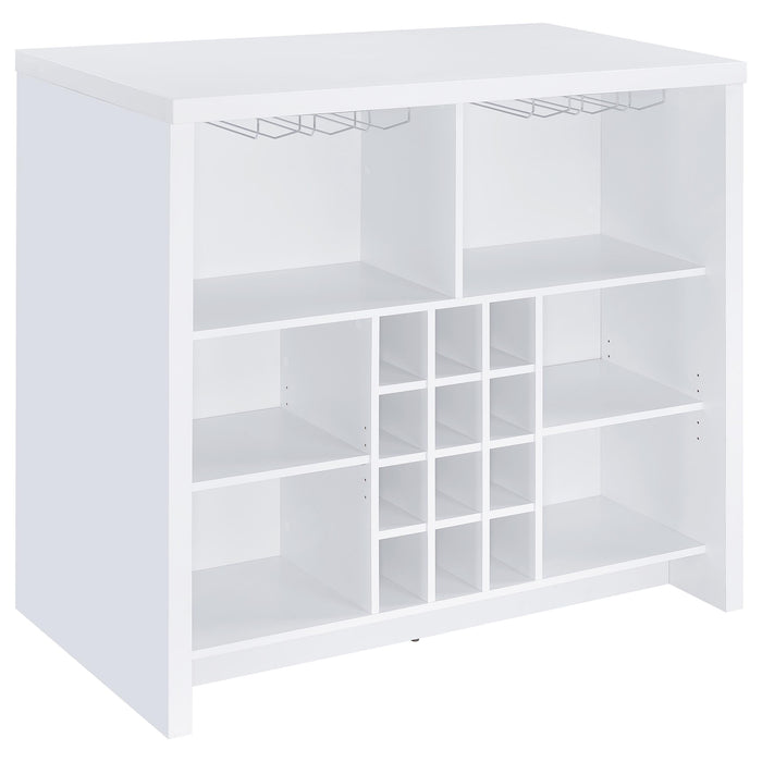White Topanga engineered wood freestanding home bar from CoasterEveryday, featuring a sleek, modern furniture design.