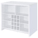 White Topanga engineered wood freestanding home bar by CoasterEveryday, featuring a sleek tabletop and storage shelves.