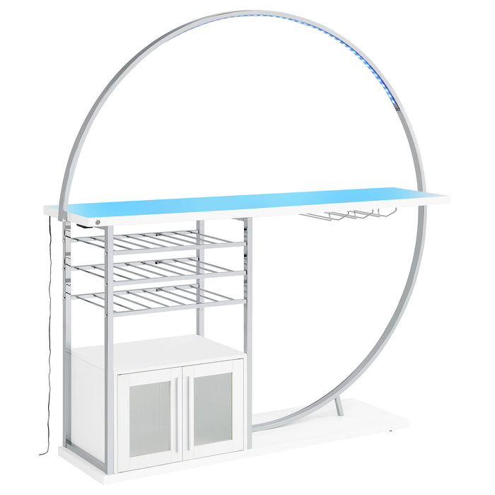 CoasterEveryday Risley white high-gloss 2-door circular LED wine cabinet with glass shelves