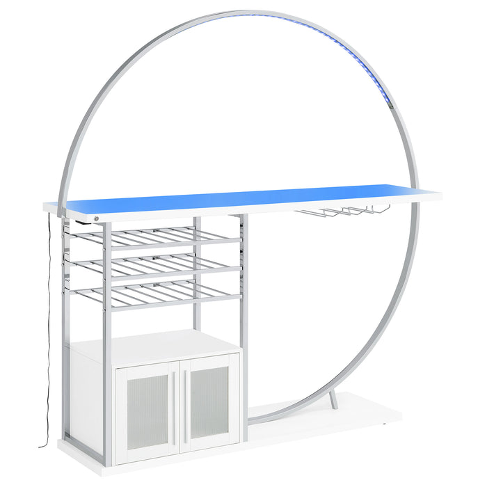 CoasterEveryday Risley white high-gloss 2-door circular LED wine cabinet angled view