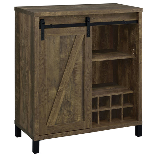 Rustic oak Arlington sliding door home bar wine cabinet by CoasterEveryday, showcasing sliding doors and wine storage space.