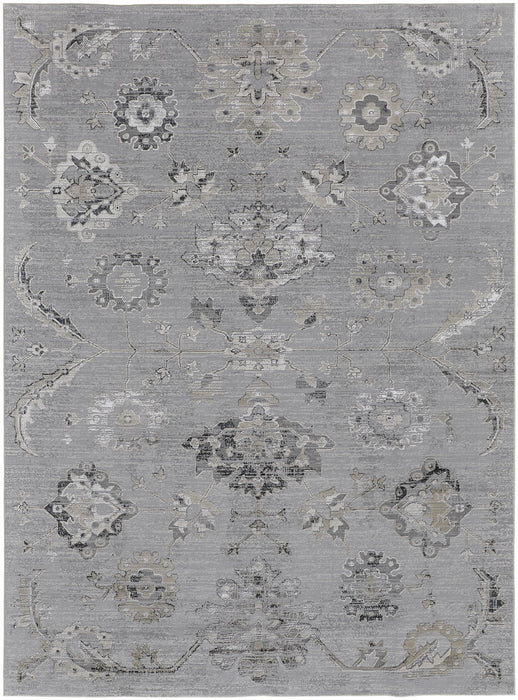 12' x 15' Floral Power Loom Distressed Area Rug - Silver And Black