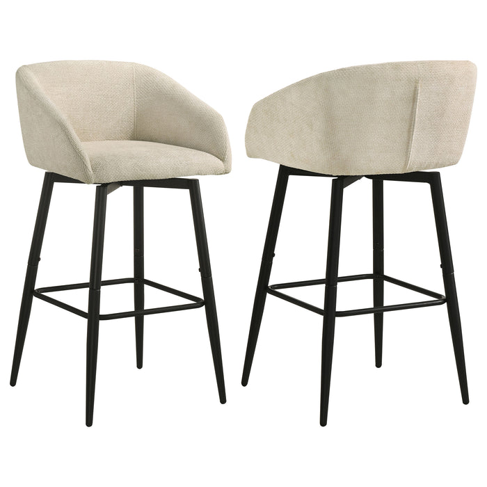 Set of two CoasterEveryday Rainer fabric upholstered swivel bar chairs in cream with modern design and sturdy base.