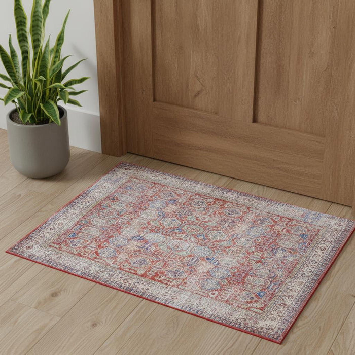 2' X 3' Oriental Distressed Non Skid Area Rug (573901) - Ivory / Red / Blue