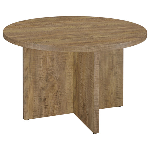 CoasterEveryday Jamestown Round 47-inch composite wood dining table in mango finish, showcasing smooth surface and sturdy legs.