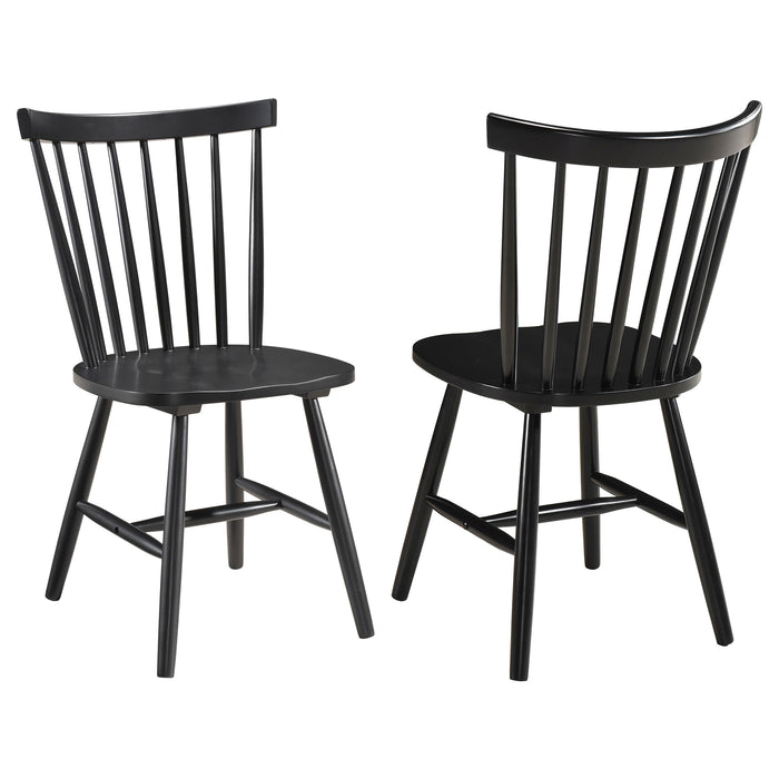 Pair of CoasterEveryday Hollyoak Windsor wood dining side chairs in black with curved backs and wooden legs, set of two.