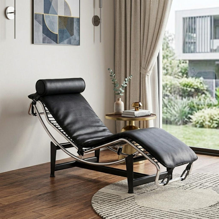 Leather Adjustable Lounge Chair With Pillow - Black / Silver