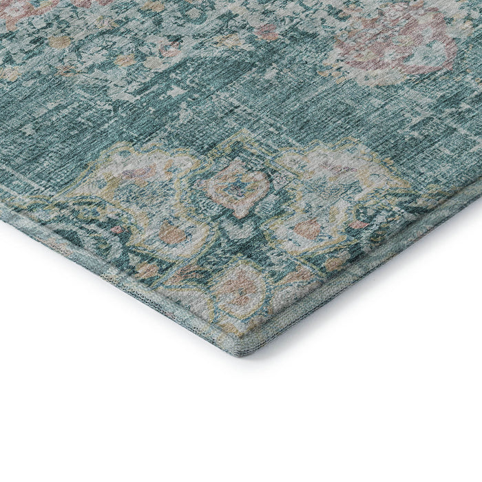 10' X 14' Floral Washable Area Rug With UV Protection (692250) - Teal / Blush / Ivory
