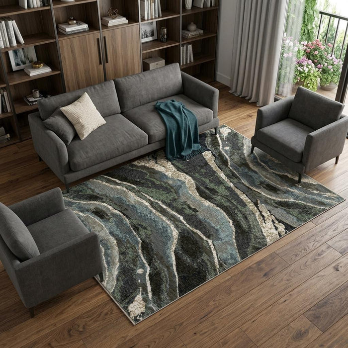 10' X 13' Abstract Area Rug With Fringe (575160) - Blue / Black / Beige