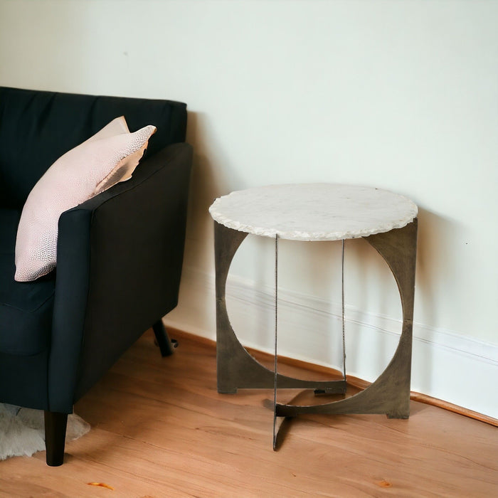 Marble Round End Table - Brown And White