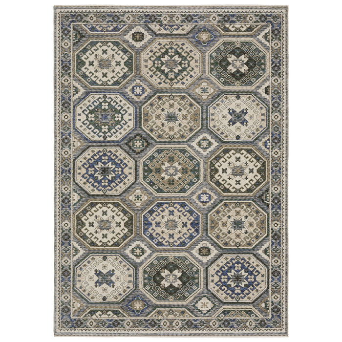 7' X 10' Medallion Area Rug With Fringe - Ivory And Blue
