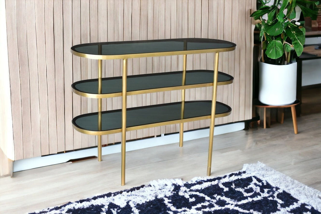 Glass Oval Console Table With Storage - Black And Gold