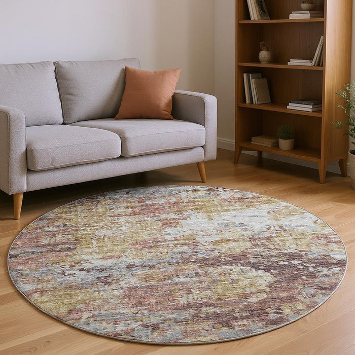 8' Mauve Abstract Washable Round Rug With UV Protection - Silver