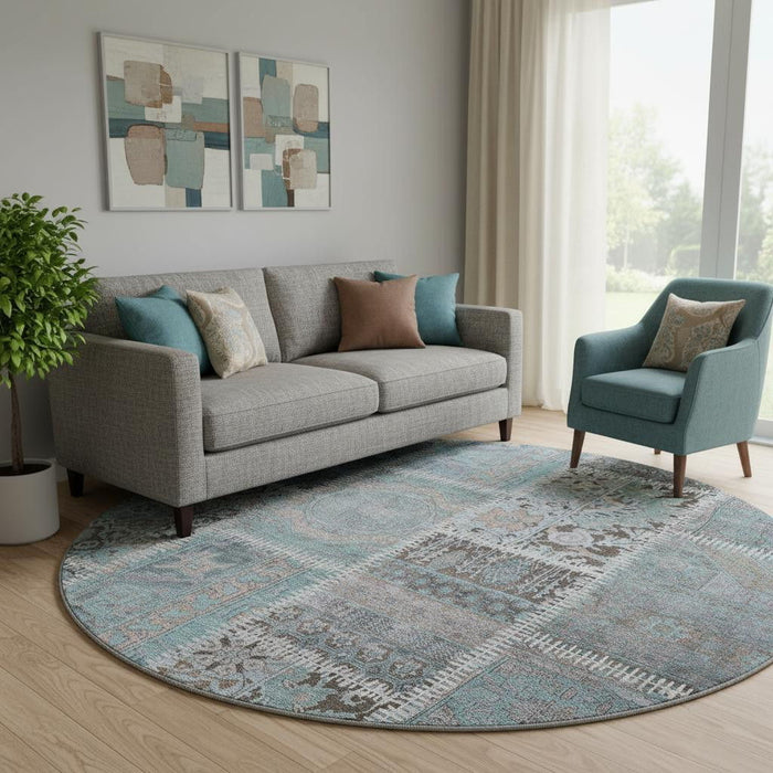 8' Patchwork Washable Round Rug With UV Protection (653257) - Teal / Beige