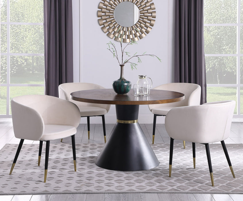 Brown Sheridan dining table by Meridian Furniture, showcasing a sleek wooden surface and sturdy legs in a modern design.