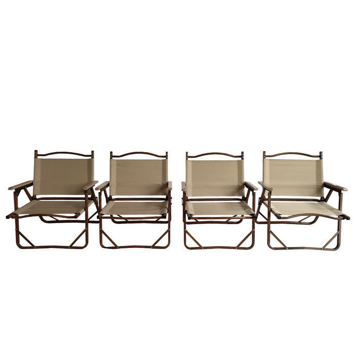 Set of four brown Giga foldable and portable armrest chairs, suitable for indoor and outdoor use, shown stacked and ready to sit.