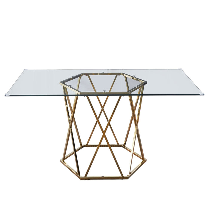 63" Glass And Metal Geo Pedestal Base Dining Table - Gold