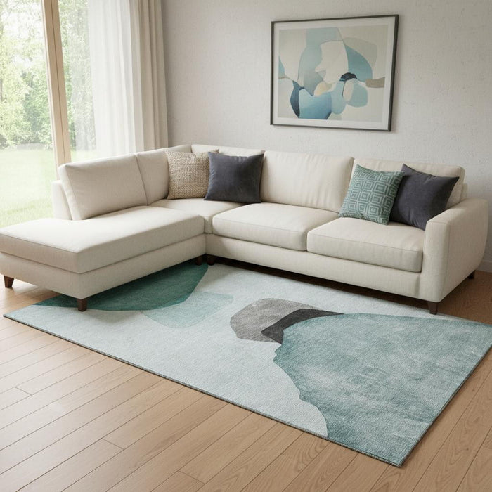 10' X 14' Abstract Washable Area Rug With UV Protection (648490) - Teal / Gray