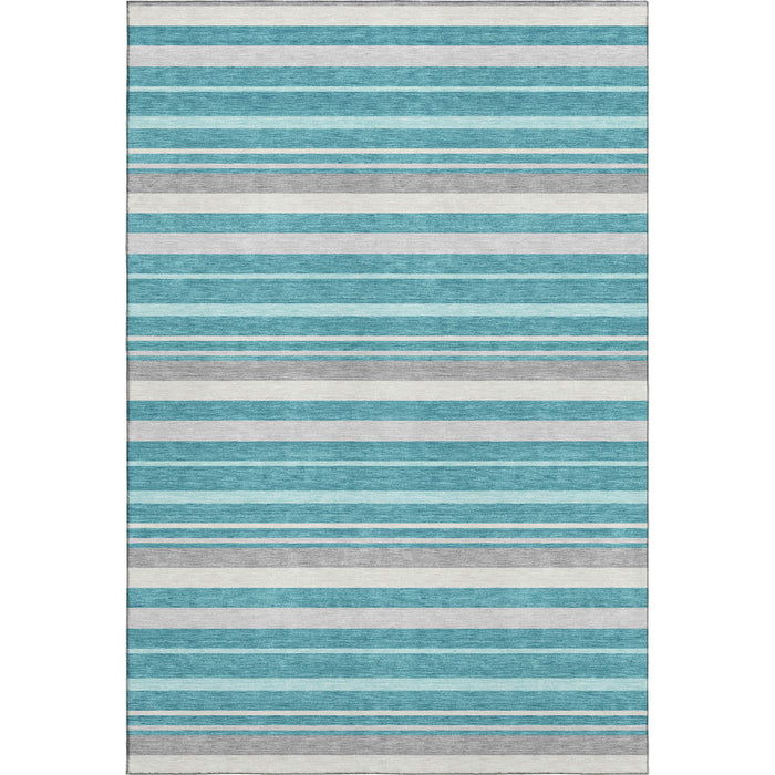 10' X 14' Striped Washable Area Rug With UV Protection (669931) - Teal / Ivory / Gray