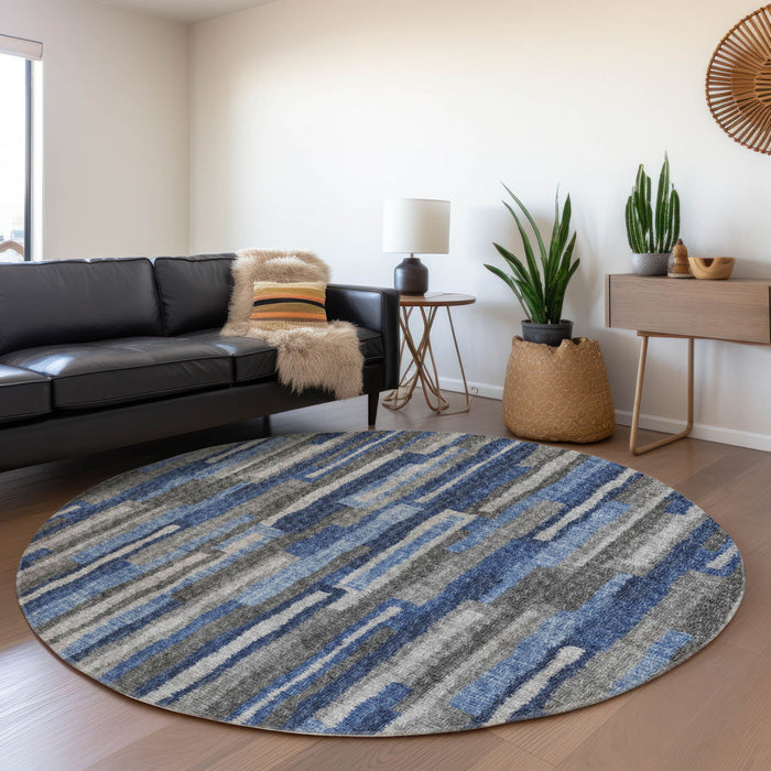 8' Transitional Abstract Washable Polyester Round Rug With UV Protection - Blue / Gray