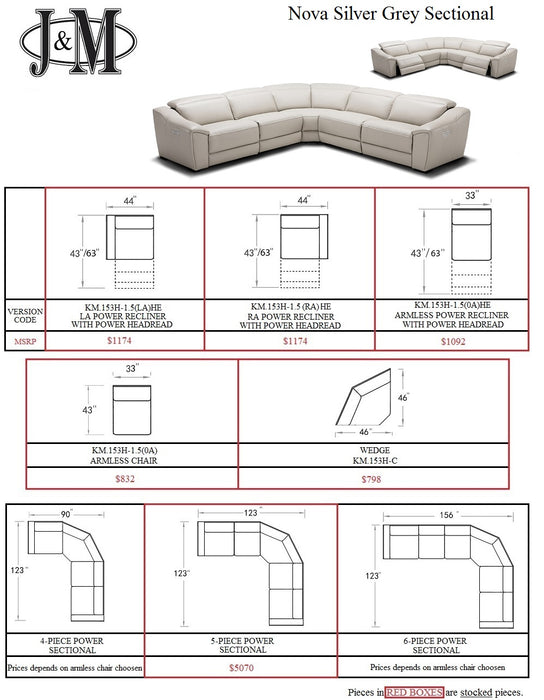 J & M Furniture Nova Motion 5pc Sectional in Silver Grey